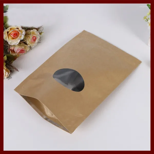 Bolsas de joyería 500 unids/lote 17x24 bolsa de papel Kraft marrón con ventana redonda cremallera de pie/bolsas de embalaje con cierre de cremallera para regalos/té