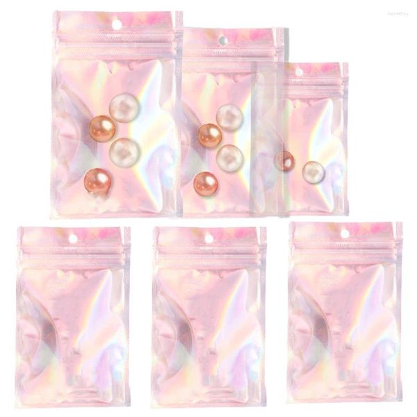 Pochettes à bijoux 50pcs Sacs à fermeture éclair en plastique holographique transparent mignon Pochette en aluminium Mylar pour le stockage des aliments Perle Fournitures d'emballage pour petites entreprises