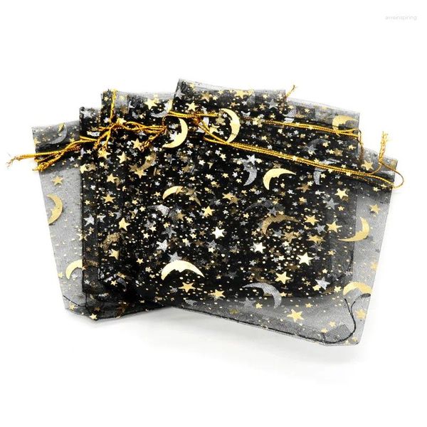 Sachets de bijoux 50pcs Sac de gaz de gaze Sacs noirs Star-Moon 9 12cm Conception spéciale Ensemble Organza Package de mariage bronzé Candy