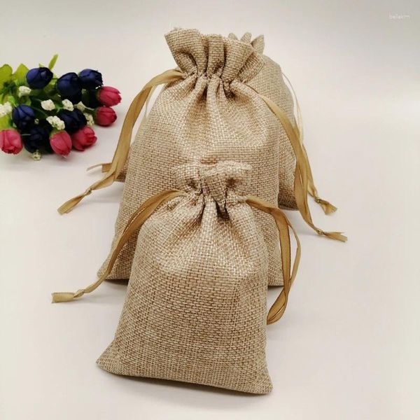 Pochettes à bijoux 5 pièces, sac en Jute avec ruban de soie, petits sacs à cordon, pochette pour emballage, affichage, cadeau de mariage et de noël