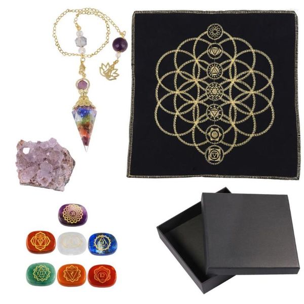 Pochettes à bijoux 7 pierres de cristal Chakra serties de tapis d'énergie fleur de vie pendule Reiki en grappe d'améthyste naturelle pour débutants Yoga