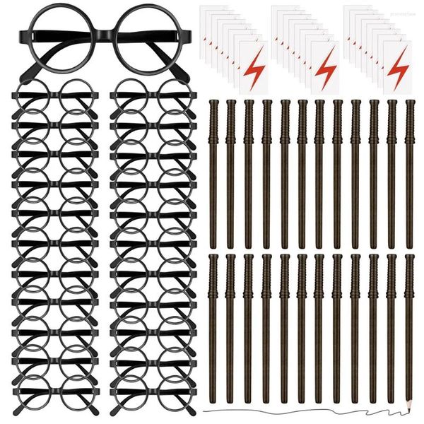 Pochettes à bijoux 72x, ensemble de cadeaux de fête sur le thème du magicien, comprend 24 baguettes, crayons, lunettes avec cadre rond, sans lentilles, tatouages