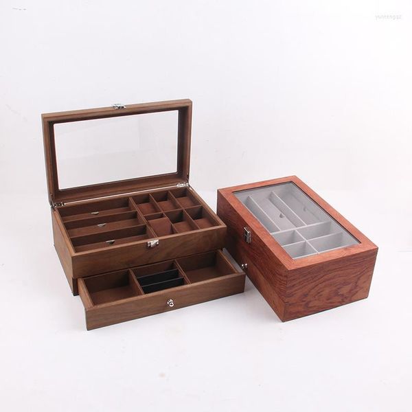 Estuches para joyas 8/12 Rejillas Caja de almacenamiento de gafas de madera Estuche Vino Tinto Acabado de piano Madera Doble cubierta Gafas de sol Soporte organizador de exhibición