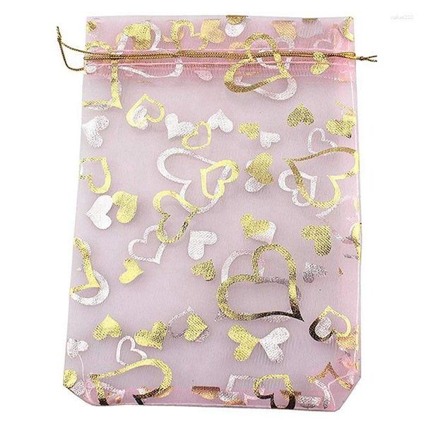 Bolsas de joyería 9x12 cm corazón impreso bolsas de organza rosa bolsa favores de boda caramelo