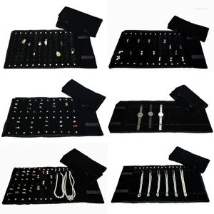 Sachets de bijoux All Black Velvet Series Roll Sac Anneau de boucle d'oreille Collier Collier Bracelet Watch Organisateur Portable