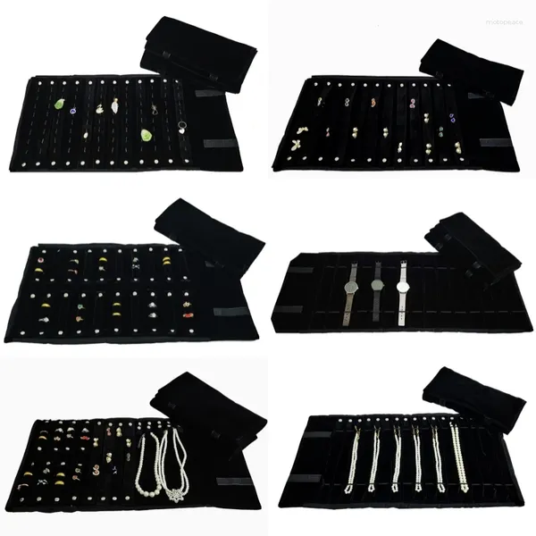 Sachets de bijoux All Black Velvet Series Roll Sac Anneau de boucle d'oreille Collier Collier Bracelet Watch Organisateur Portable