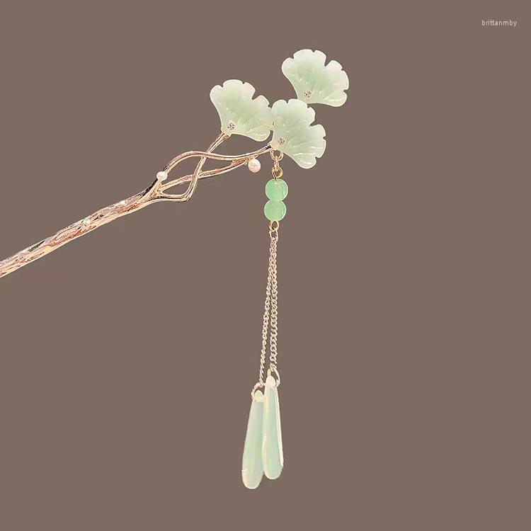 Jewelry Pouches Antique Advanced Sense Cool Wind Jade Ginkgo Leaf Tassels Step-shaking Hairpins Chinese Style Hair Pins
