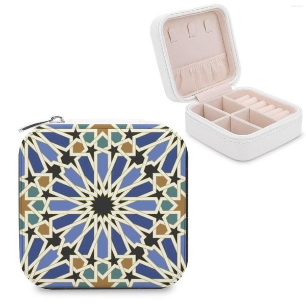 Bolsas para joyas Azulejo árabe I Caja de almacenamiento Mini organizador de doble capa de cuero para joyería Estuche de viaje Arabesco árabe