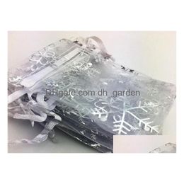 Bolsas de joyería, bolsas 100 piezas Copo de nieve blanco Sier Organza Dstring Bolsa de embalaje de joyería Bolsas de regalo de favor de boda 7X9 cm / 9X12 C Dhgarden Dhk1D