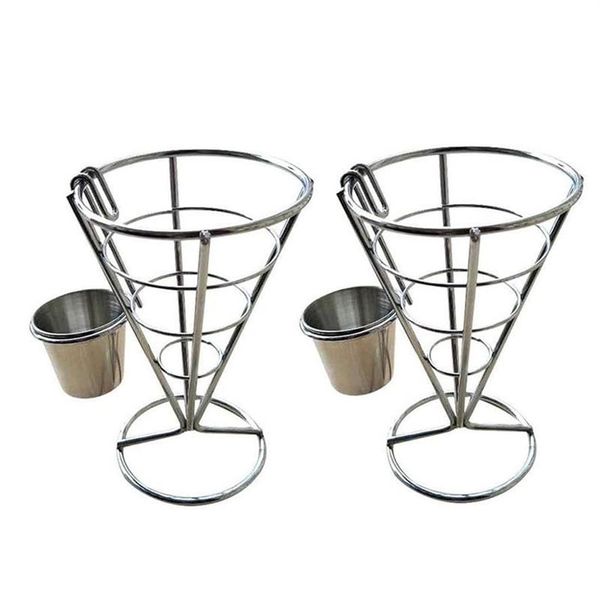 Sacs de pochettes de bijoux 2pcs French Frises Stand Cone Panier Fry Holder avec sauce trembles en métal Poulet Fried Rack Rack 2910