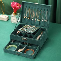 Sieraden Pouches, Tassen 3Layers Groen Flanel Stud Box met Lock Grote Capaciteit Organizer Case Ketting Oorbellen Ring Opberg Houder