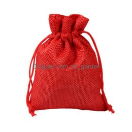 Pochettes à bijoux, sacs 7x9cm 9x12cm 10x15cm 13x18cm mini pochette rouge sac de jute sac de bijoux en lin sacs cadeaux pour faveur de mariage Dhgarden DHSZS