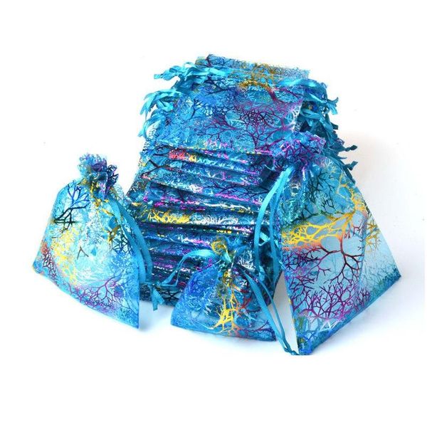 Bijoux Pochettes Sacs Bleu Coralline Organza Dstring Pochettes D'emballage Bonbons De Fête Faveur De Mariage Conception De Cadeau Sheer Avec Dorure Patt Dhysj