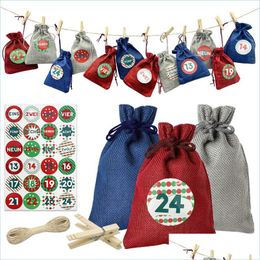 Bolsas de joyería Bolsas Navidad Lino Dstring Bolsillo 1-24 Calendario de Adviento Cuenta regresiva Almacenamiento de regalos Bolsa de tela pequeña Sacos de dulces Lulubaby Dhru7