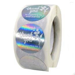 Pochettes à bijoux Sacs Pochettes à bijoux 100-500Pcs Autocollants holographiques de 1 pouce Merci de soutenir ma petite entreprise Rainbow Wrap B Dhwbe