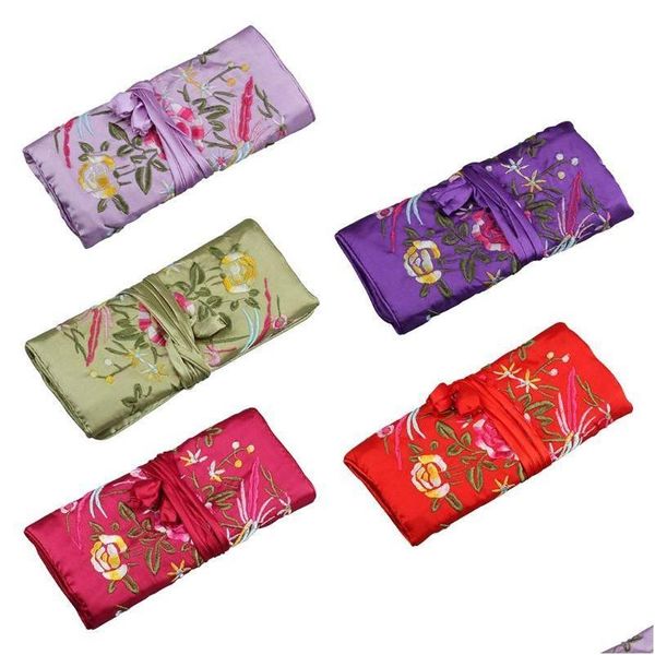 Bolsas de joyería, bolsas Bolsas de joyería Bolsas Bolsas de joyería de seda oriental Rollo de envoltura Bolsa Organizador Almacenamiento de viaje Casejewelry Drop Entrega DHJDP