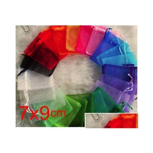 Bolsas de joyería Bolsas Omh Wholesale100Pcs 7X9Cm 25 Color Mixed Nice Chinese Voile Navidad / Bolsa de regalo de boda Organza Jewlery Pouch Dhjp1