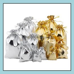 Bolsas de joyería Bolsas Exhibición de embalaje 4 tamaños Oro Sier Plateado Gasa Satén Navidad Dulce Regalo Bolsas de embalaje Bolsa 5X7Cm 7X9Cm 9X12Cm 1