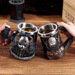 Sieraden Pouches, Tassen Vikingen Schedel Vintage Stijl Rvs Bier Mok Middeleeuwse Piraat Houten Barrel Koffiekopjes Halloween Metalen Drinkbar