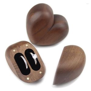 Pochettes à bijoux Boîte de bague de fiançailles en bois de noyer noir Organisateur en forme de coeur en bois massif pour proposition de mariage Cérémonie Cadeau Y08E