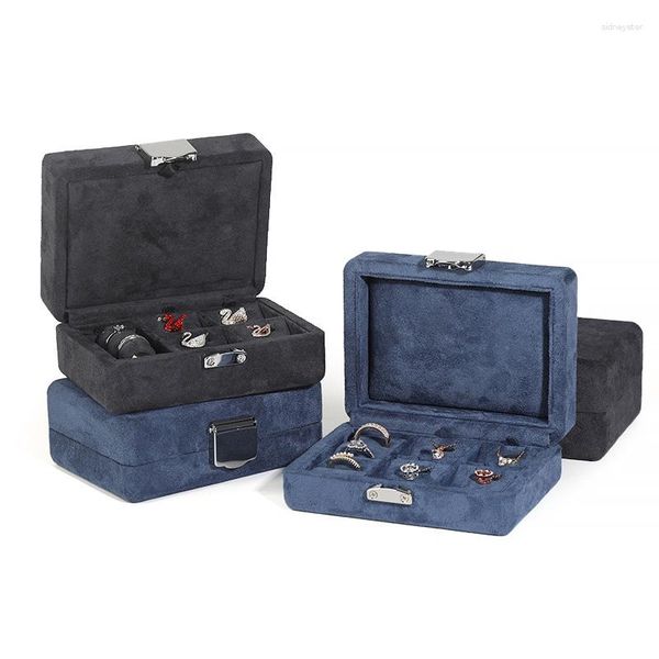 Pochettes à bijoux bleu exquis Original haut de gamme boîte en daim stockage pendentif anneau Portable Logo personnalisé