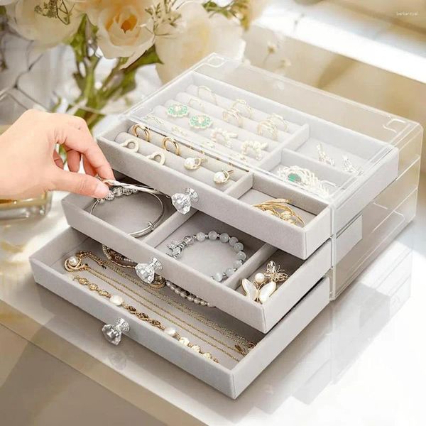 Bolsas de joyería Caja de acrílico transparente Diseño de múltiples capas Organizador de almacenamiento para anillos Pendientes Collares Pulseras