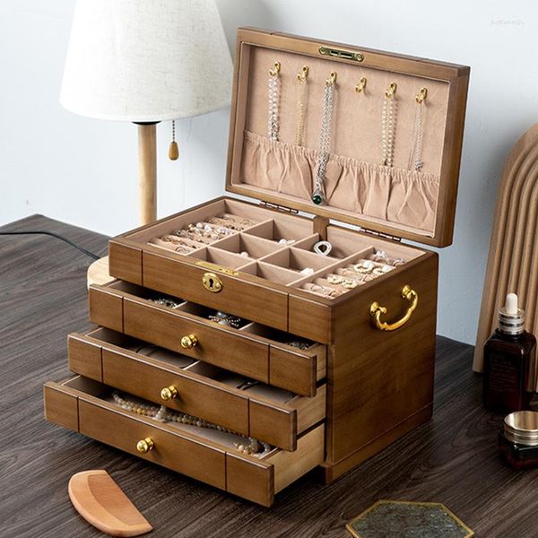 Caja organizadora de bolsas para joyas, almacenamiento de accesorios de madera de estilo chino, grande, Vintage, Retro, de alta capacidad, lujosa madera maciza