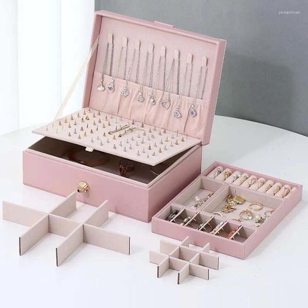 Boîte à bijoux Portable, présentoir de colliers, boucles d'oreilles, bagues, organisateur, emballage, mallette de rangement en cuir PU, cadeau pour femme