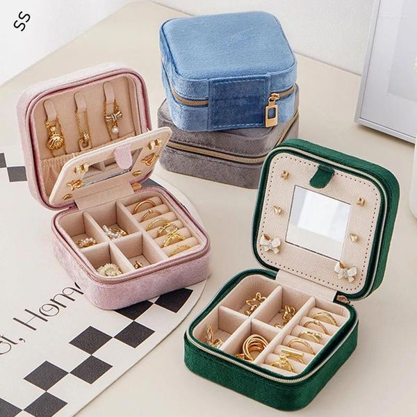 Boîte de bijoux Box Velvet avec miroir Jewel Anti-Dust Pack Fashion Women Wof Travel Portable Boes pour collier Boucles d'oreilles Rangement