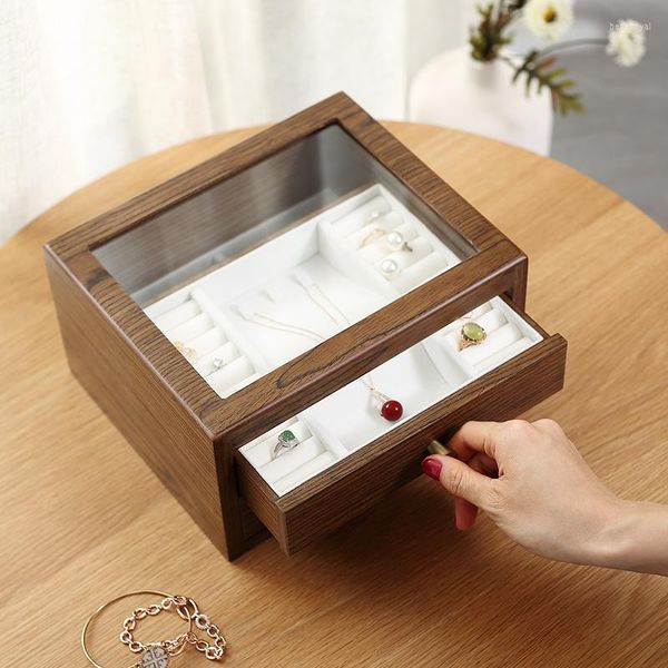 Pochettes à bijoux Casegrace grande boîte en bois organisateur avec tiroir en verre présentoir en bois boucle d'oreille bague collier bijoux mallette de rangement cercueil