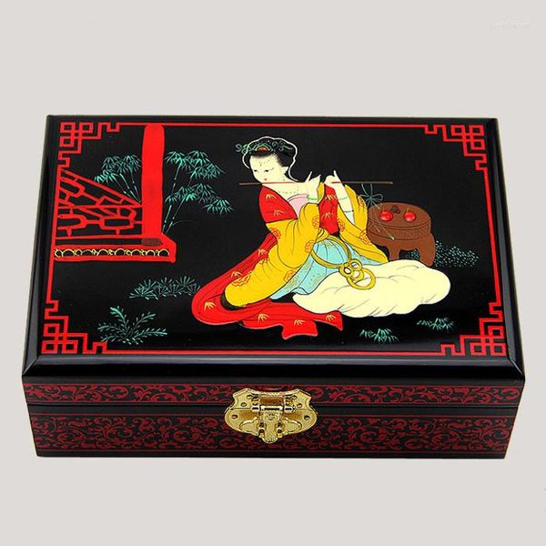 Pochettes à bijoux chinoises faites à la main classique en bois laqué 2 couches flûte boîte féminine 002