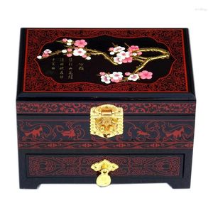 Pochettes à bijoux boîte en bois faite à la main chinoise 3 couches peinture de fleur de prunier affichage de stockage de mariage merveilleux charme cadeau conteneur étui