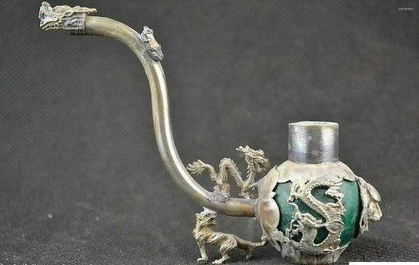 Bolsas de joyería Antigüedades antiguas chinas Jade verde hecho a mano y tubería de plata del Tíbet líder