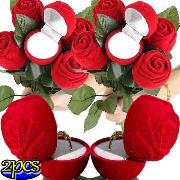 Pochettes à bijoux Creative Romantique Surprise Proposition Boîtes De Mariage Rouge Velours Rose Forme Bague Boîte Amoureux Simulation Fleur Avec Feuilles Cadeau