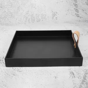 Sachets de bijoux carrés créatifs en cuir Pu Serving Play Dish décoratif Cosmetics Sundries Assiette de rangement de bureau avec poignée (noir)