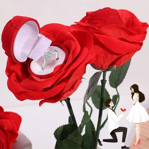 Sieradenzakjes Cteative Rose Flower Ring Boxes Red Velvet Earring Display Holder Gift Box Bridal Wedding Engagement Storage Case