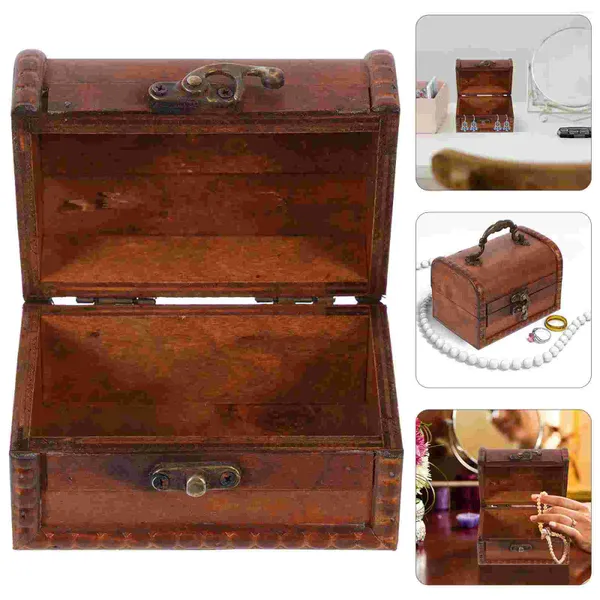 Pochettes à bijoux, boîte au trésor décorative en bois, mallette de rangement de bibelots en bois Vintage, emballage organisateur avec casier