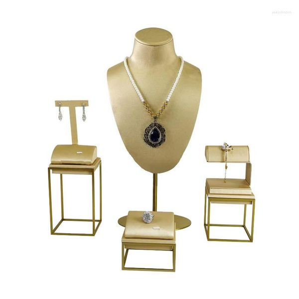 Pochettes à bijoux présentoir en cuir Pu doré, accessoires de vitrine, support en acier inoxydable