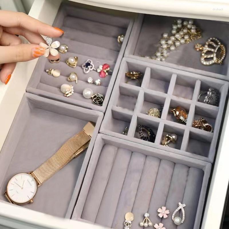 Bolsas para joyas, cajón de terciopelo suave gris, organizador de almacenamiento, exhibición de joyas, anillo, collar, colgante, pulsera, bandeja, caja de bricolaje hecha a mano
