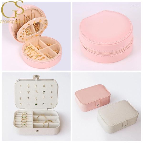 Bolsas de joyería GS Pink Universal Zipper Organizer Display Travel Case Boxes Portable Box Button PU Leather Storage Gift