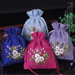 Bolsas de joyería, bolsa de regalo bordada con cinta de mano, bolsa pequeña de lino con cordón, bolsas de embalaje de tela para recuerdo de fiesta de boda, 10 unids/lote