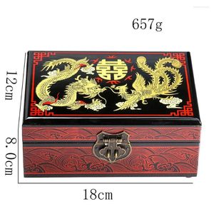 Pochettes à bijoux en laque faite à la main en bois massif Double bonheur Dragon Phoenix boîte nuage de bon augure affichage de vanité de mariage chinois