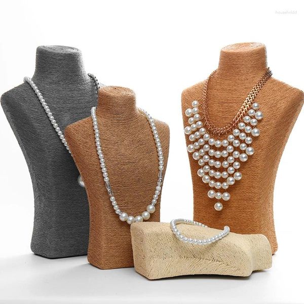 Pochettes à bijoux en corde de chanvre, support de présentation de collier de Mannequin pour exposition de magasin, rangement de perles colorées, organisateur de pendentifs