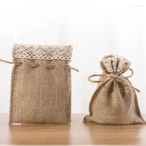 Pochettes à bijoux en dentelle hessienne, sacs cadeaux 8x10cm 10x15cm 13x17cm, sac de maquillage en toile de Jute avec cordon de serrage, emballage de bonbons en Jute de fête