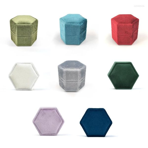 Boîtes à bijoux Hexagon Double Ring Box Single Holder Velvet Wedding Stockage pour boîtier avec une cérémonie de couvercle détachable décorat