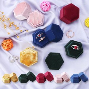 Sieraden zakjes zeshoekige vorm fluweel doos dubbele ring opslag bruiloft display voor vrouw cadeau oorbellen verpakking 5 kleuren