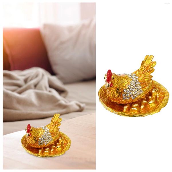 Bolsas de joyería Bisagra Gallina ponedora Adornos de huevos Anillos vintage Estatuilla de pollo de cristal Adorno de escritorio de aleación