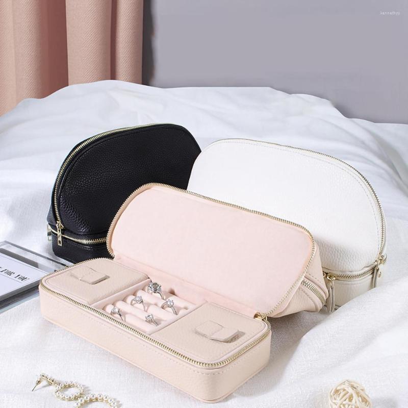 Jewelry Pouches INS Style Double-Layer Storage Zipper Bag PU Leather Earrings Makeup Lipstick Ring Box Girls Portable Travel