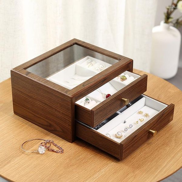 Sachets de bijoux grande en verre Boîte en bois Organisateur avec tiroir Collier de rangement de boucles d'oreille en bois Cerceau de stockage de bijoux