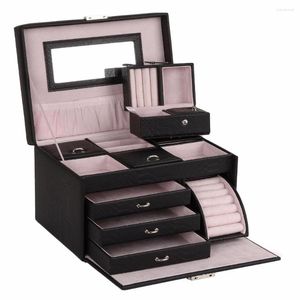 Sieraden zakjes grote opbergdoos display organisator arme girls reiskas lederen armband spiegel sieraden ringen oorbelhouder